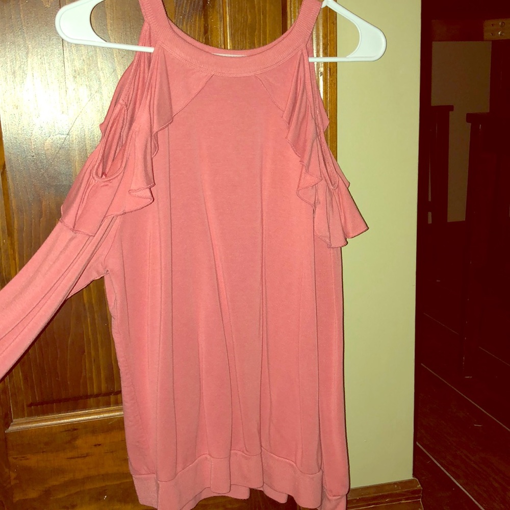 Pink ruffled off the shoulder long sleeve sweater